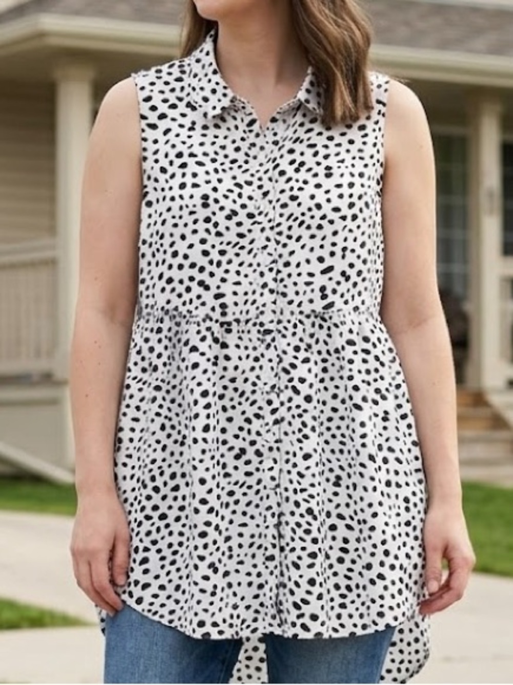 Solitaire Dalmatian Spot Rayon Sleeveless Babydoll Tunic Button-through Blouse M